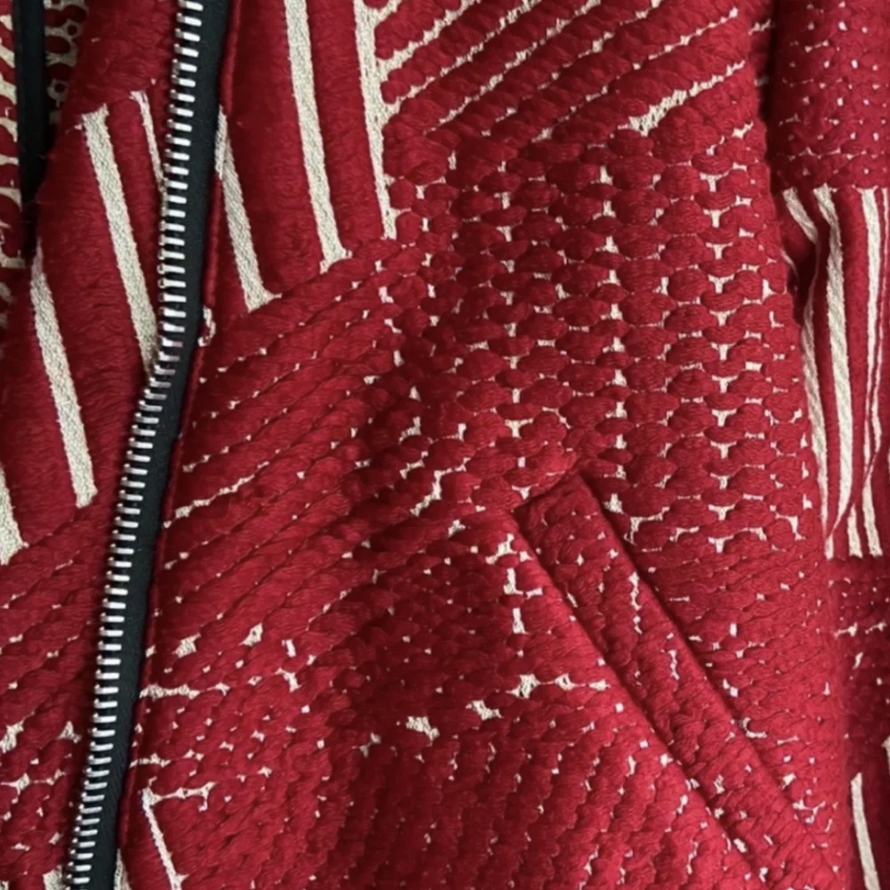 IRO Red Geometric Tweed Boucle Moto Jacket Raw Egde